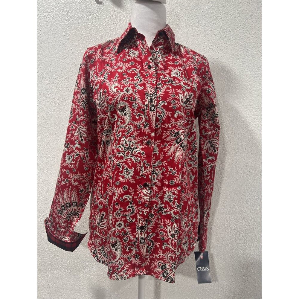 Chaps Shirt Women's Sz S No Iron Red Paisley Button-Up Plaid Flip Cuff Rodeo‎